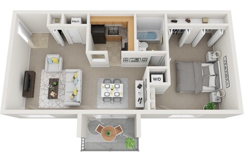 Floor plan for 1 bed, 1 bath, 645 sqft